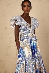 Maya Midi Dress Blue Baroque Print Ruffled Tiered Open Back