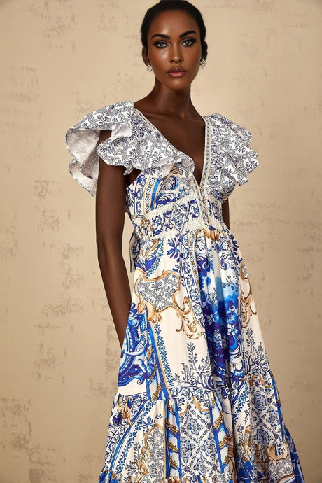 Maya Midi Dress Blue Baroque Print Ruffled Tiered Open Back