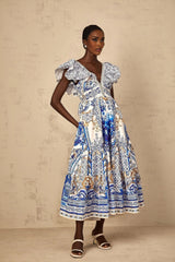 Maya Midi Dress Blue Baroque Print Ruffled Tiered Open Back
