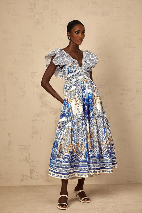 Maya Midi Dress Blue Baroque Print Ruffled Tiered Open Back