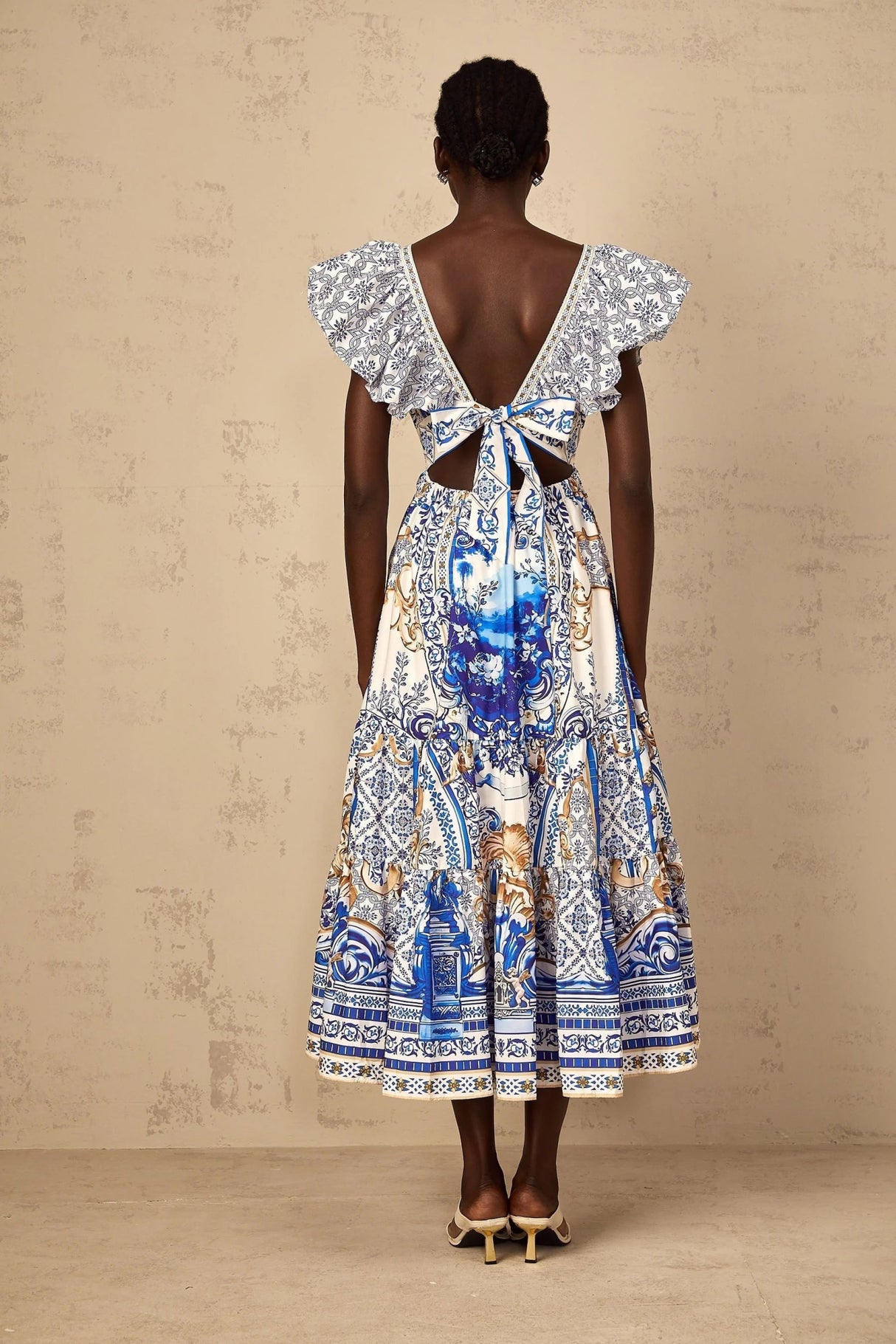Maya Midi Dress Blue Baroque Print Ruffled Tiered Open Back