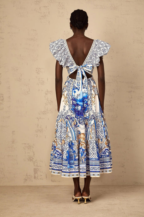 Maya Midi Dress Blue Baroque Print Ruffled Tiered Open Back