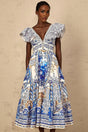 Maya Midi Dress Blue Baroque Print Ruffled Tiered Open Back