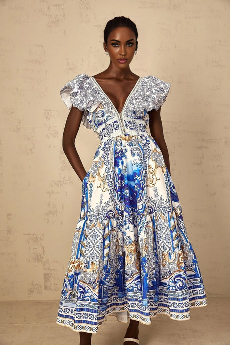 Maya Midi Dress Blue Baroque Print Ruffled Tiered Open Back