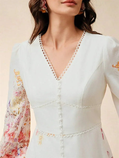 Maya Midi Dress - V Neck - Bishop Sleeve - High Waist - A Line - Elegant