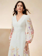 Maya Midi Dress - V Neck - Bishop Sleeve - High Waist - A Line - Elegant