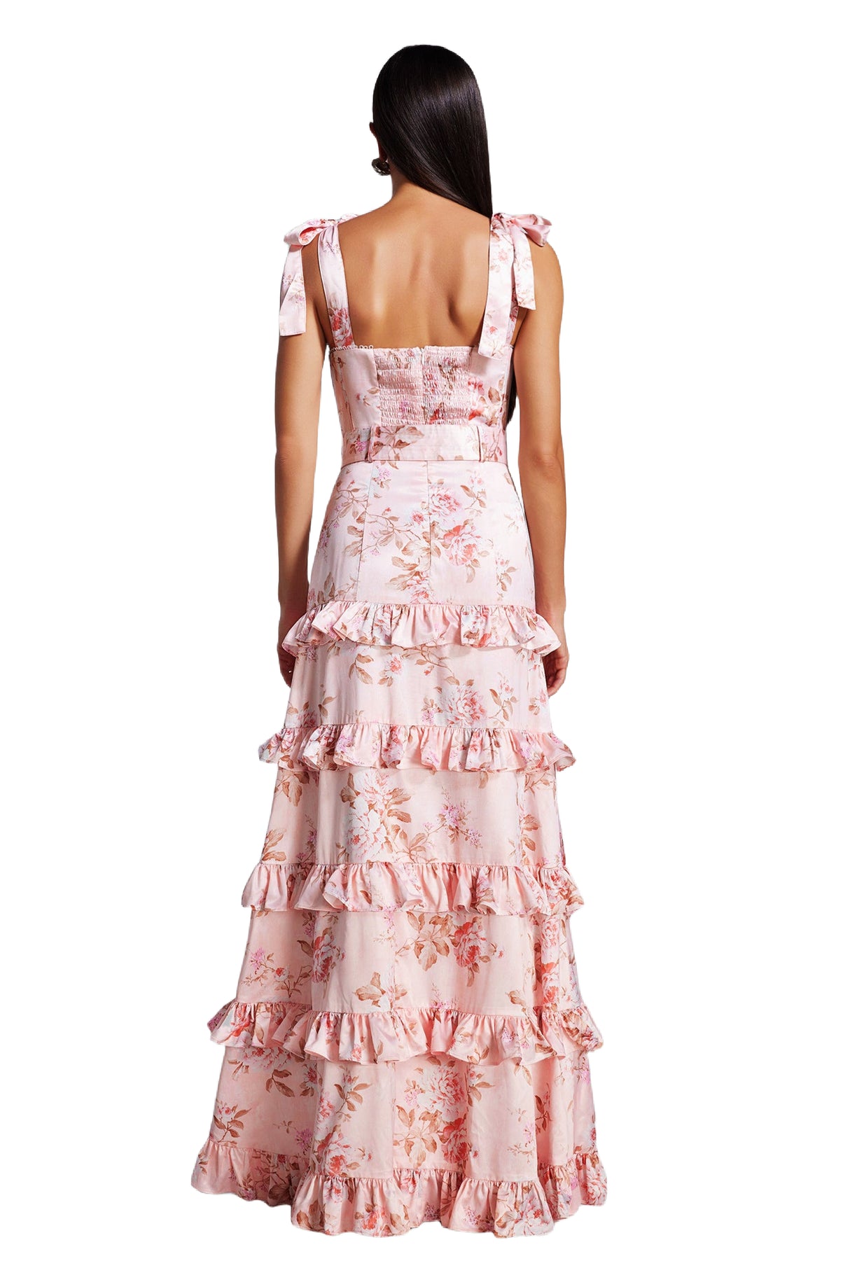 Maya Pink Floral Maxi Dress with Ruffled Detailing and Split Skirt