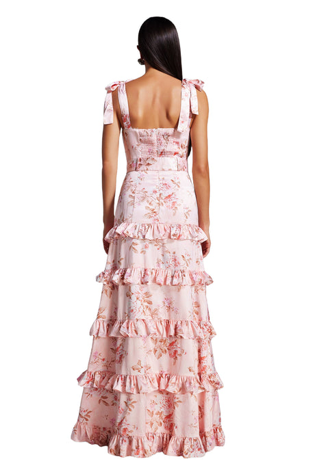 Maya Pink Floral Maxi Dress with Ruffled Detailing and Split Skirt