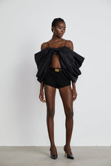 Maya Top Black Bow Cropped Zip Back Spaghetti Straps