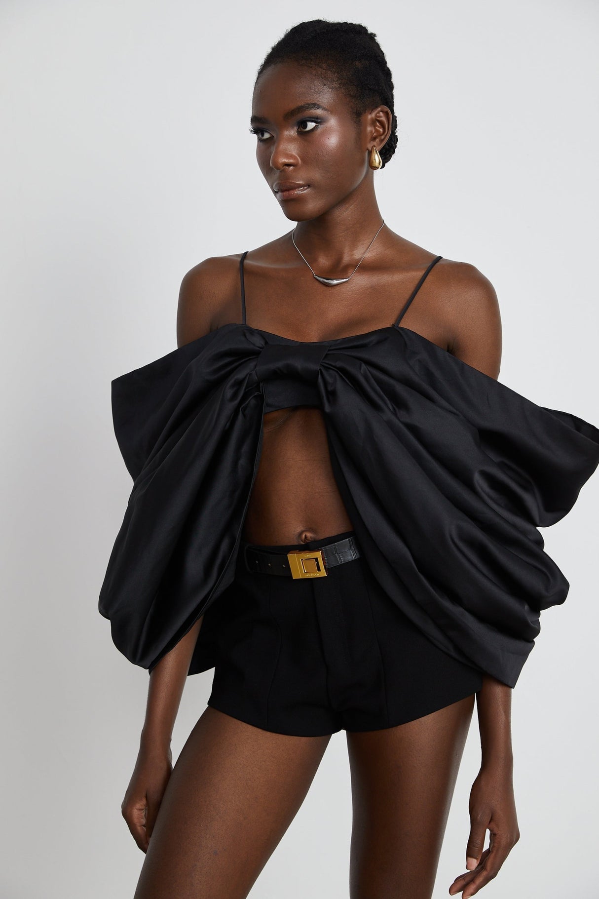 Maya Top Black Bow Cropped Zip Back Spaghetti Straps