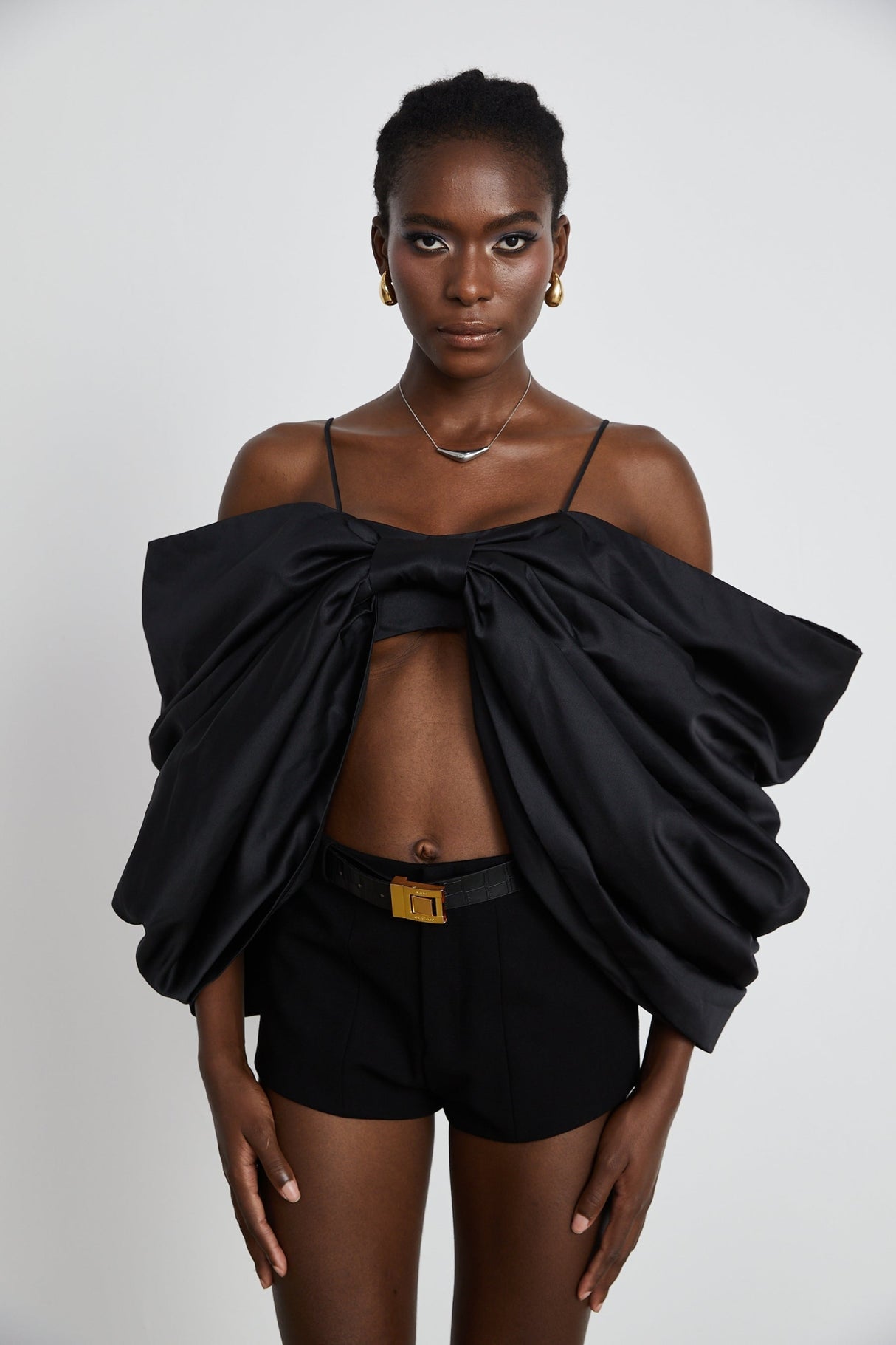 Maya Top Black Bow Cropped Zip Back Spaghetti Straps