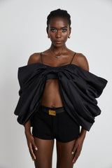 Maya Top Black Bow Cropped Zip Back Spaghetti Straps