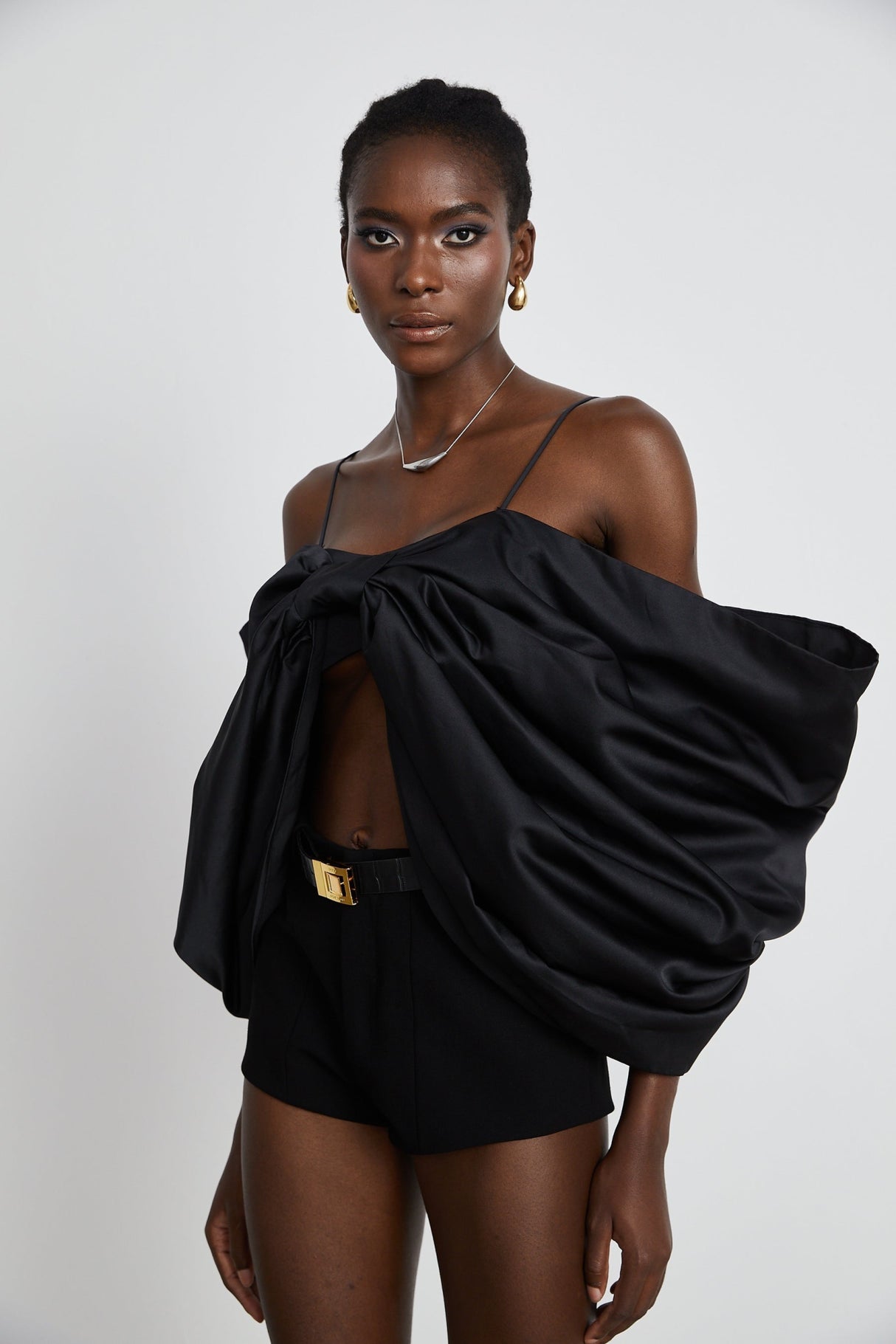 Maya Top Black Bow Cropped Zip Back Spaghetti Straps
