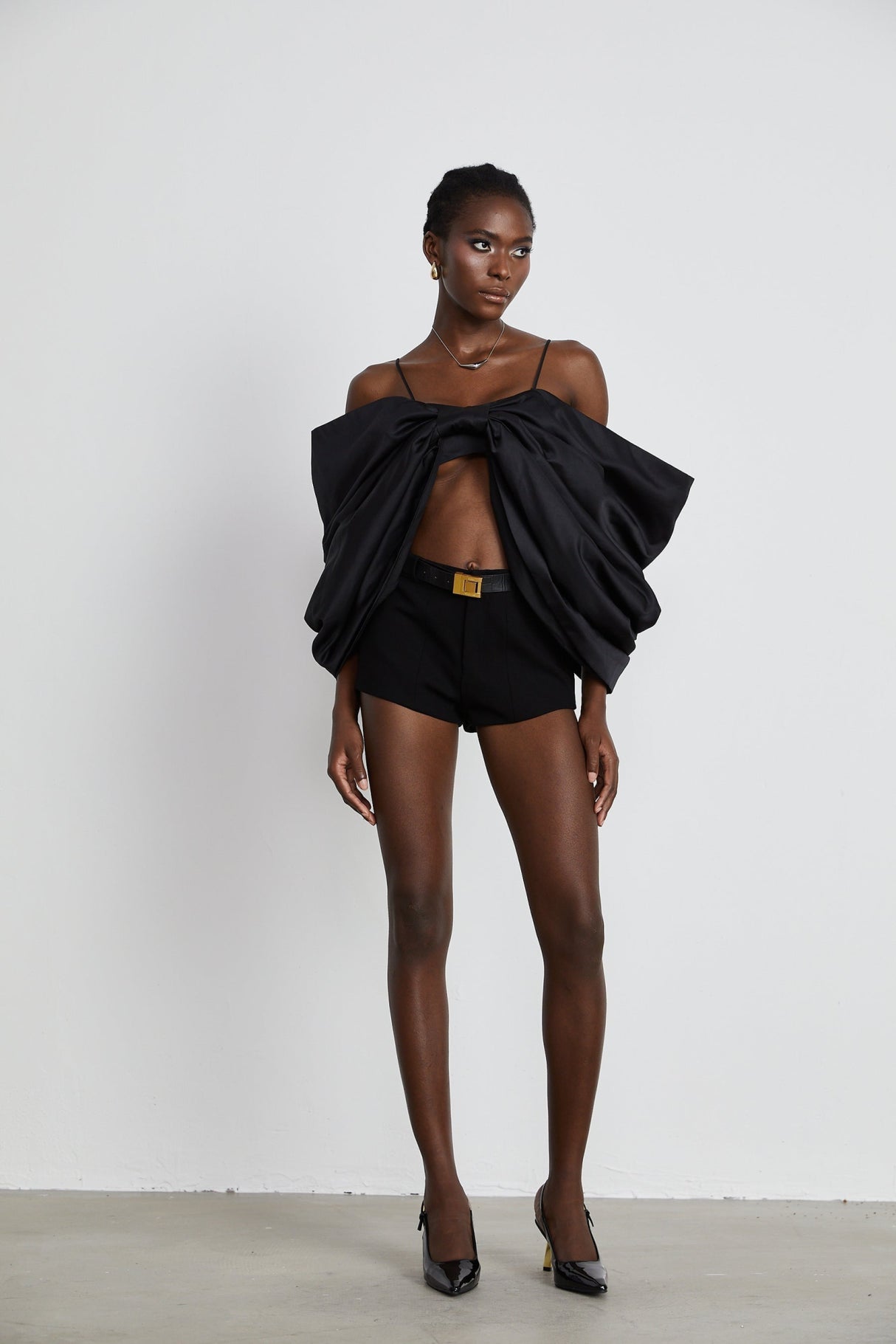Maya Top Black Bow Cropped Zip Back Spaghetti Straps