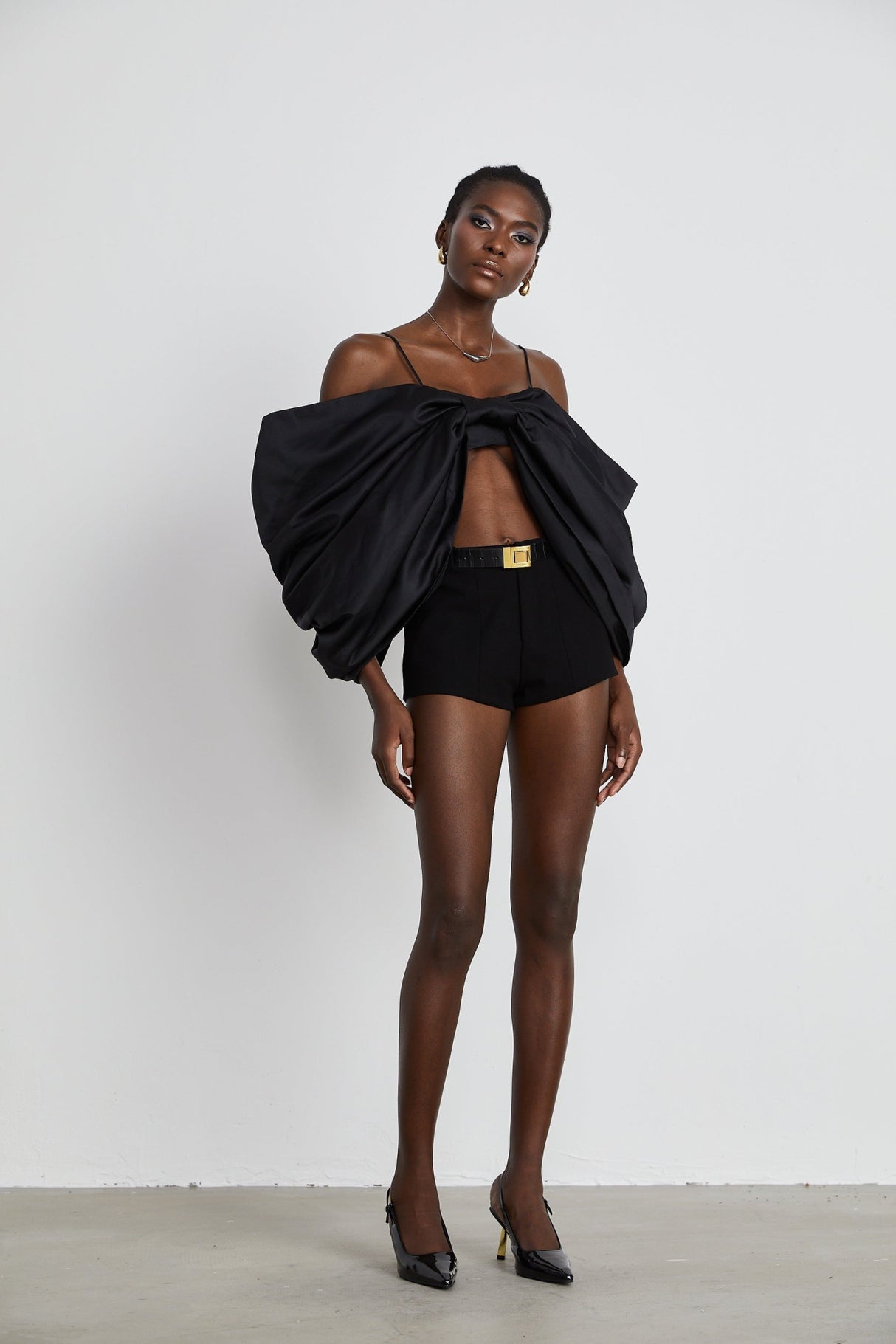 Maya Top Black Bow Cropped Zip Back Spaghetti Straps