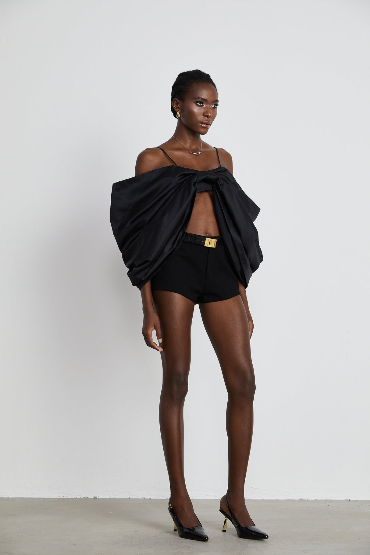 Maya Top Black Bow Cropped Zip Back Spaghetti Straps