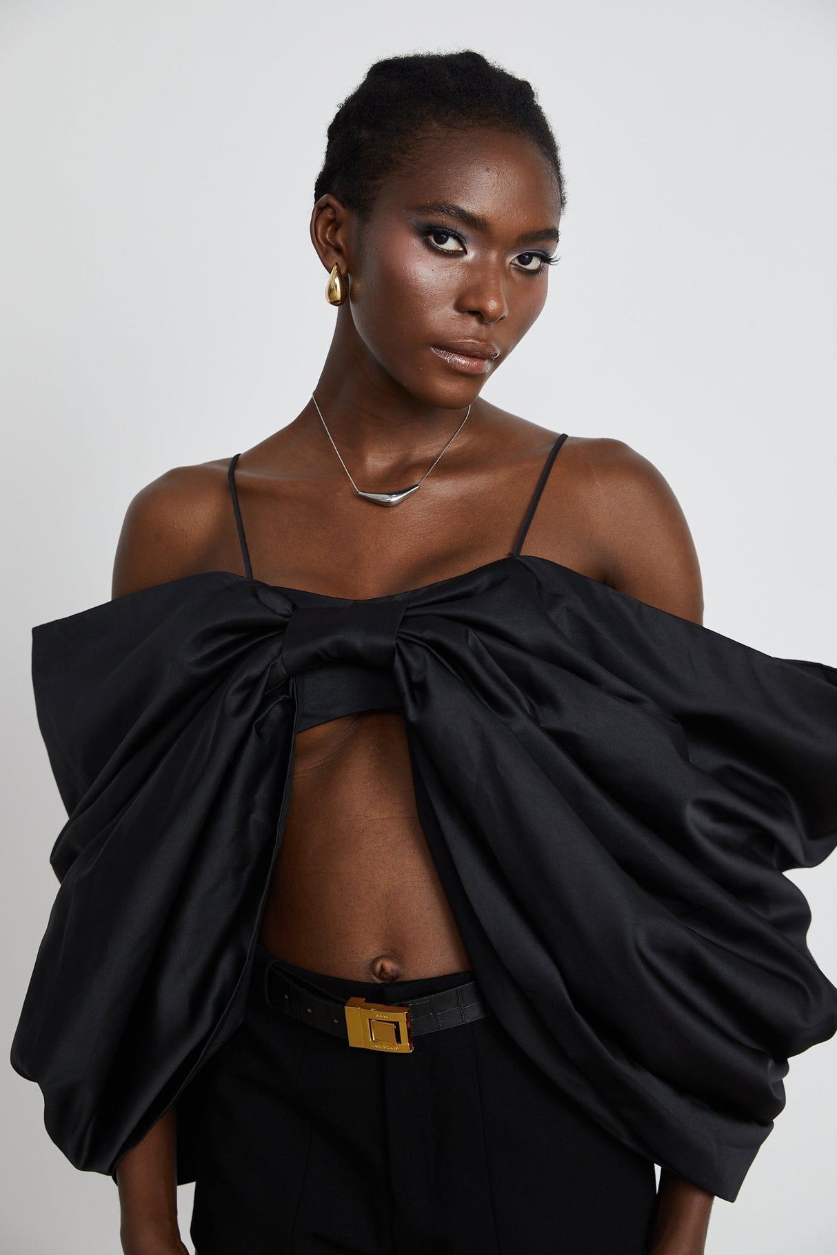 Maya Top Black Bow Cropped Zip Back Spaghetti Straps