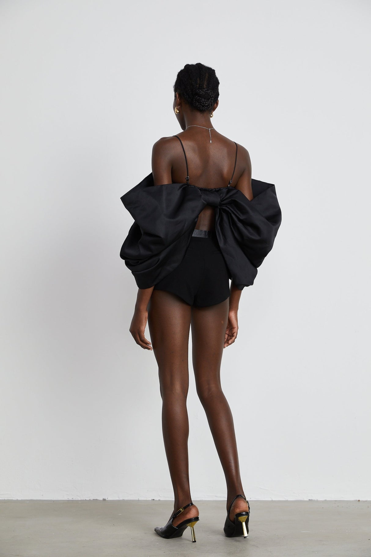 Maya Top Black Bow Cropped Zip Back Spaghetti Straps