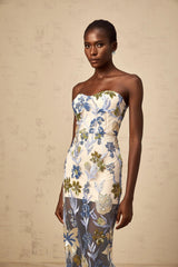 Mckenna Maxi Dress Blue Sequined Flower Embroidered Sweetheart Corset