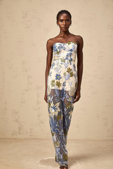 Mckenna Maxi Dress Blue Sequined Flower Embroidered Sweetheart Corset