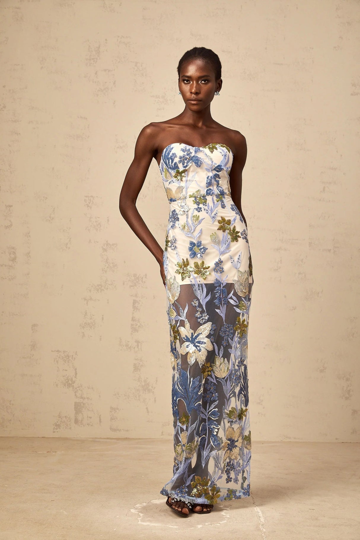 Mckenna Maxi Dress Blue Sequined Flower Embroidered Sweetheart Corset