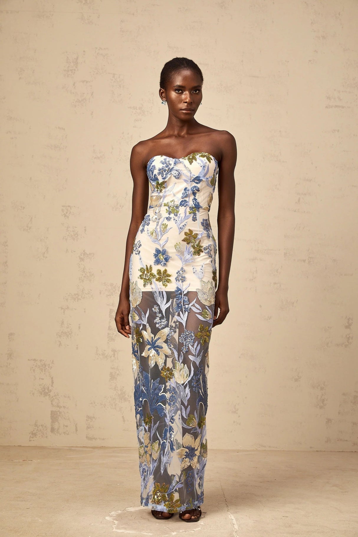 Mckenna Maxi Dress Blue Sequined Flower Embroidered Sweetheart Corset