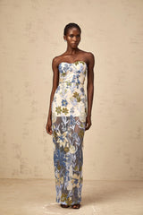 Mckenna Maxi Dress Blue Sequined Flower Embroidered Sweetheart Corset