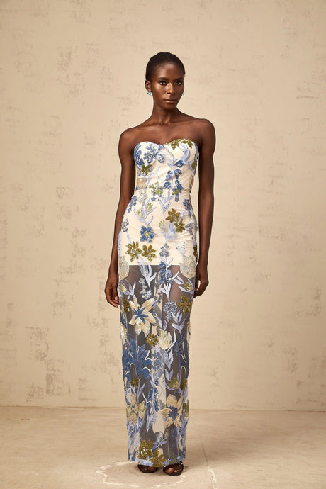 Mckenna Maxi Dress Blue Sequined Flower Embroidered Sweetheart Corset