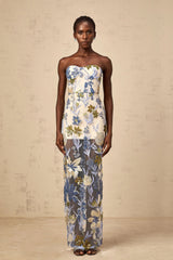 Mckenna Maxi Dress Blue Sequined Flower Embroidered Sweetheart Corset