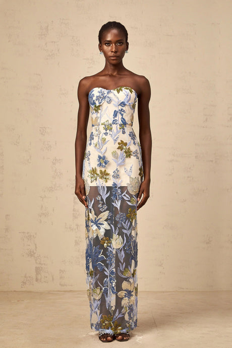 Mckenna Maxi Dress Blue Sequined Flower Embroidered Sweetheart Corset