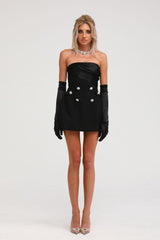 Mealla black crystalbutton flared mini dress