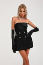 Mealla black crystalbutton flared mini dress