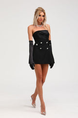 Mealla black crystalbutton flared mini dress