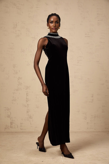Meghan Gown Black Crystal Embellished Velvet Maxi With Open Back & Slit