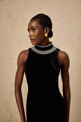 Meghan Gown Black Crystal Embellished Velvet Maxi With Open Back & Slit