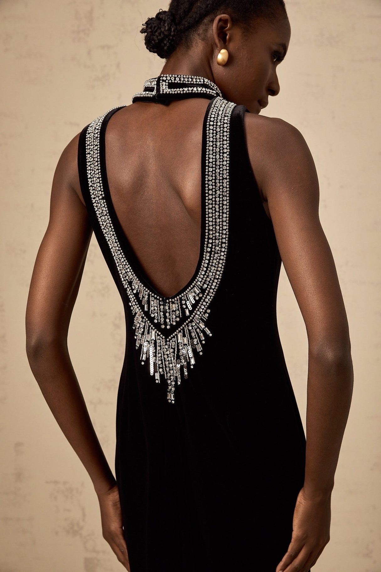 Meghan Gown Black Crystal Embellished Velvet Maxi With Open Back & Slit