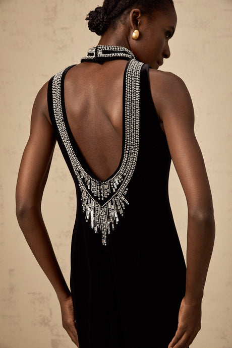 Meghan Gown Black Crystal Embellished Velvet Maxi With Open Back & Slit