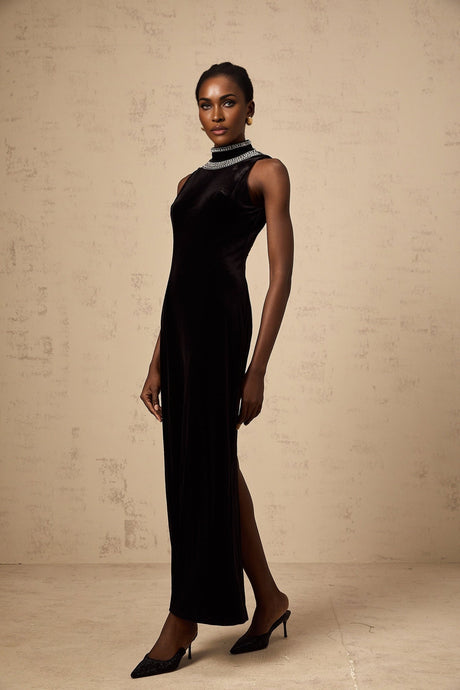Meghan Gown Black Crystal Embellished Velvet Maxi With Open Back & Slit