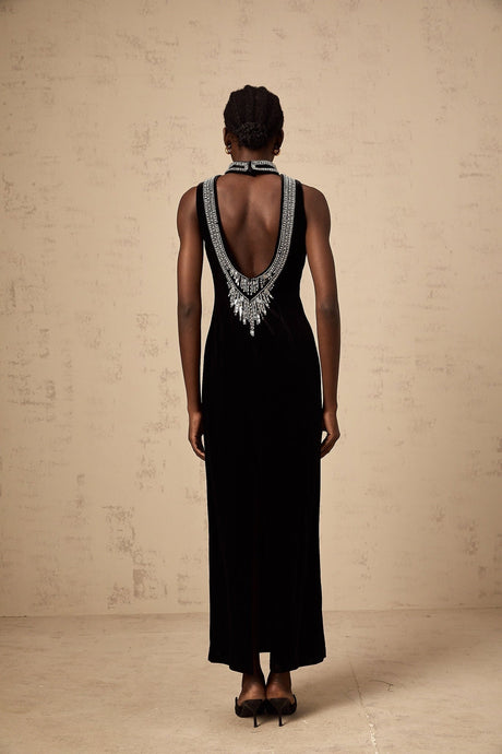 Meghan Gown Black Crystal Embellished Velvet Maxi With Open Back & Slit