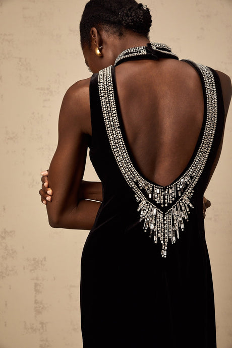 Meghan Gown Black Crystal Embellished Velvet Maxi With Open Back & Slit