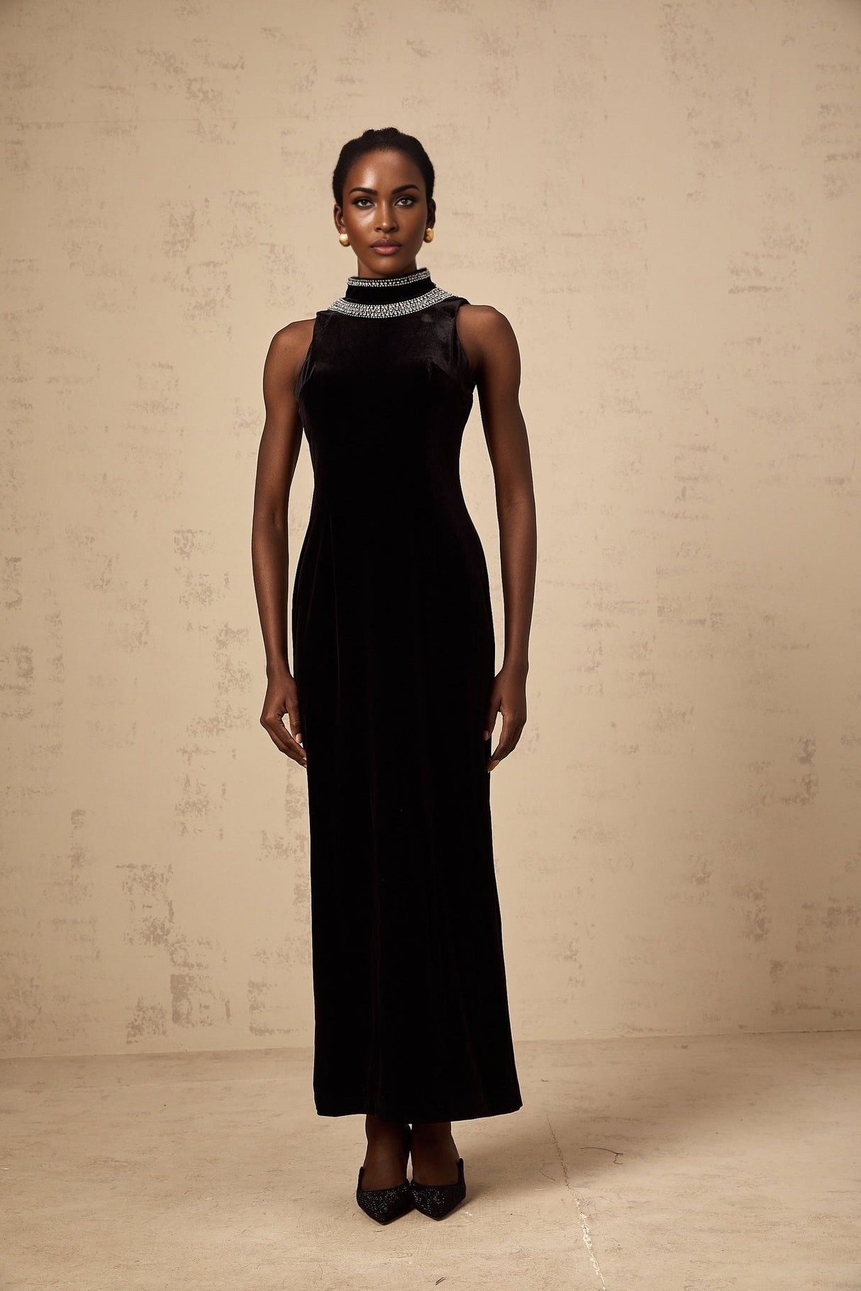 Meghan Gown Black Crystal Embellished Velvet Maxi With Open Back & Slit