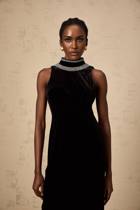 Meghan Gown Black Crystal Embellished Velvet Maxi With Open Back & Slit