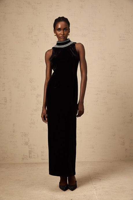 Meghan Gown Black Crystal Embellished Velvet Maxi With Open Back & Slit