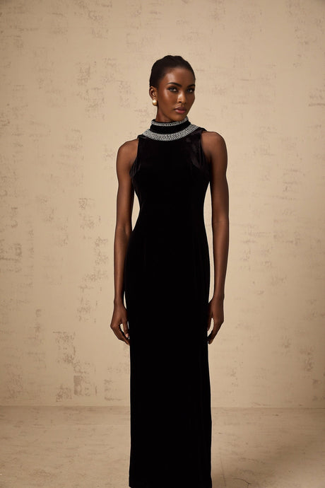 Meghan Gown Black Crystal Embellished Velvet Maxi With Open Back & Slit