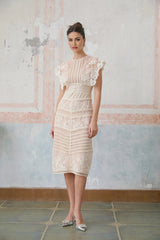 Meghan Midi Dress Floral Lace Beaded Neutrals