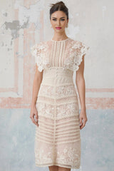 Meghan Midi Dress Floral Lace Beaded Neutrals