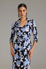Melanie Black Floral Maxi Dress with Wrap Design and Three-Quarter Sleeves
