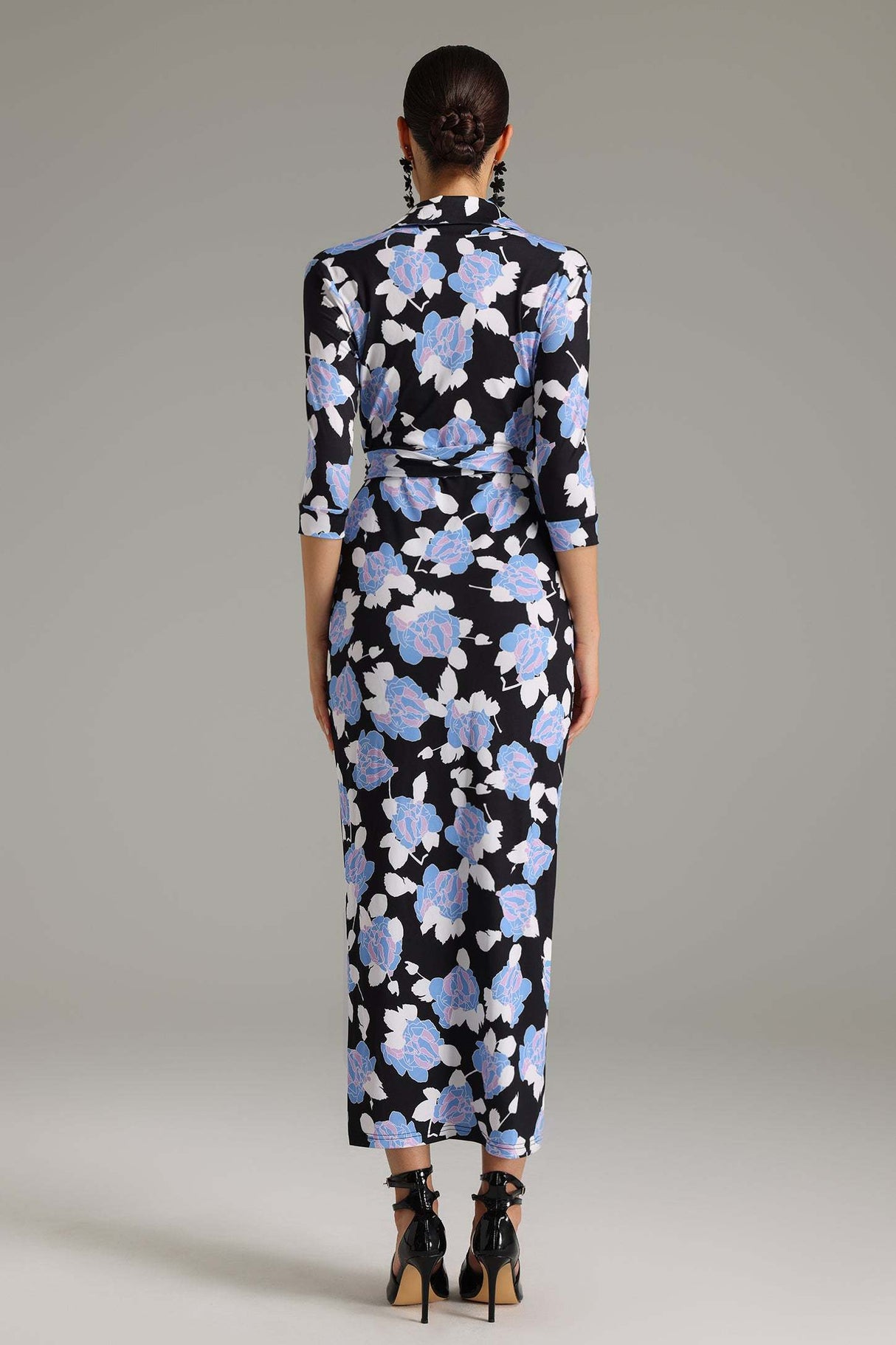 Melanie Black Floral Maxi Dress with Wrap Design and Three-Quarter Sleeves