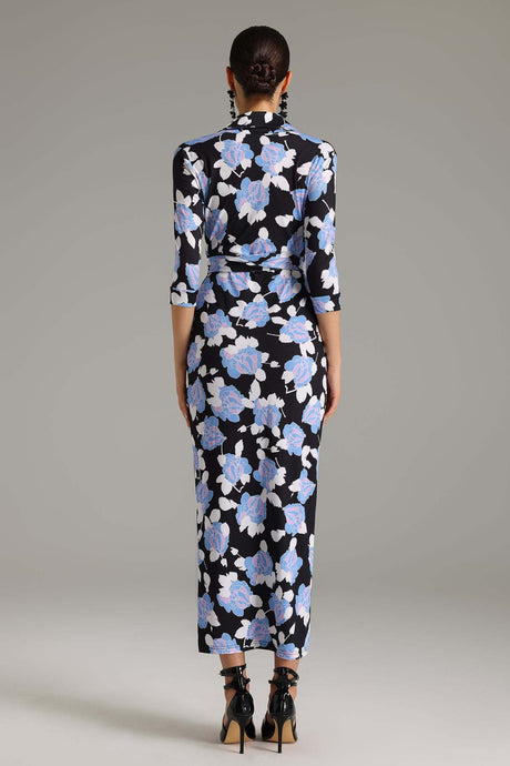Melanie Black Floral Maxi Dress with Wrap Design and Three-Quarter Sleeves