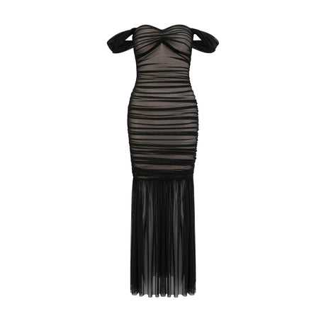 Melanie Dress Black Fishtail Mesh & Ruched Off - Shoulder Maxi